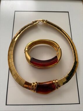 Napier vintage Gold-Tone Necklace and Bracelet Set with Amber Accent